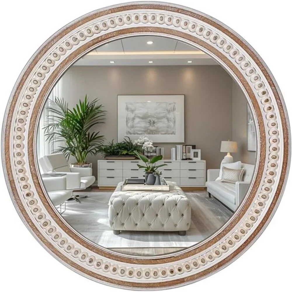 24 Inches Rustic Round Wall Mirrors -Wooden Farmhouse Circle Mirror for Bathroom